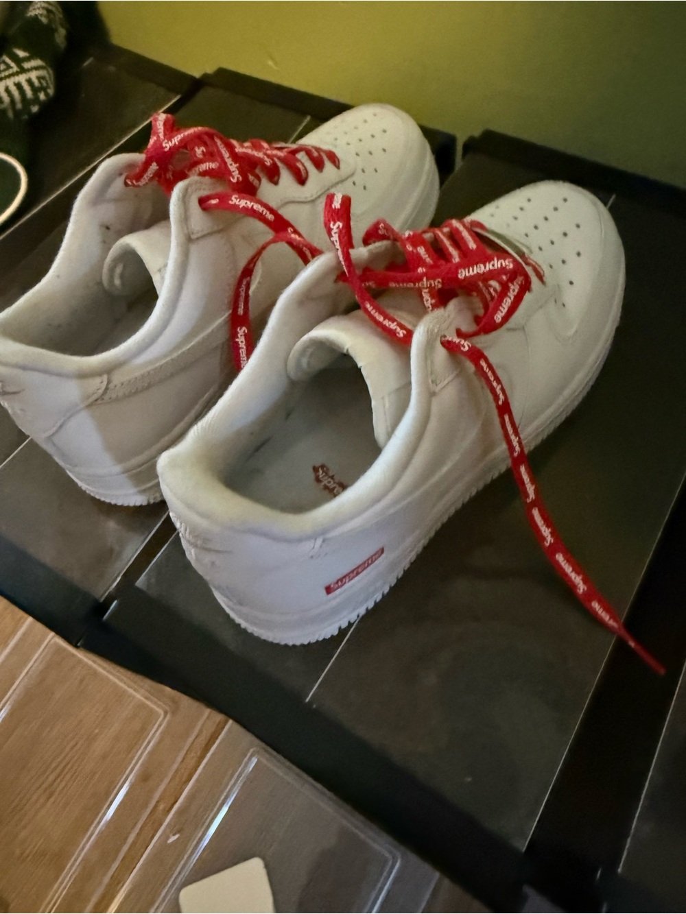 Nike White Air Force 1 with Red Supreme Laces - Picture 2 of 6
